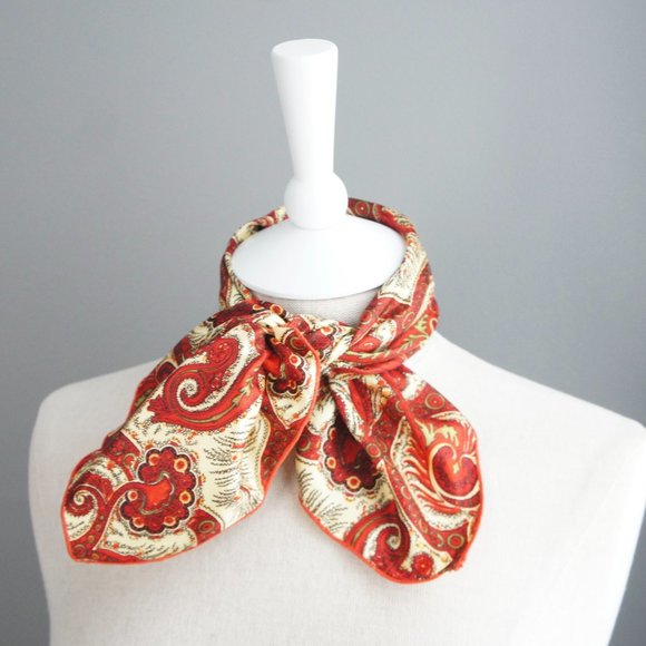 Red & Gold Paisley Vintage Neck Scarf or Pocket Square - Picture 11 of 13